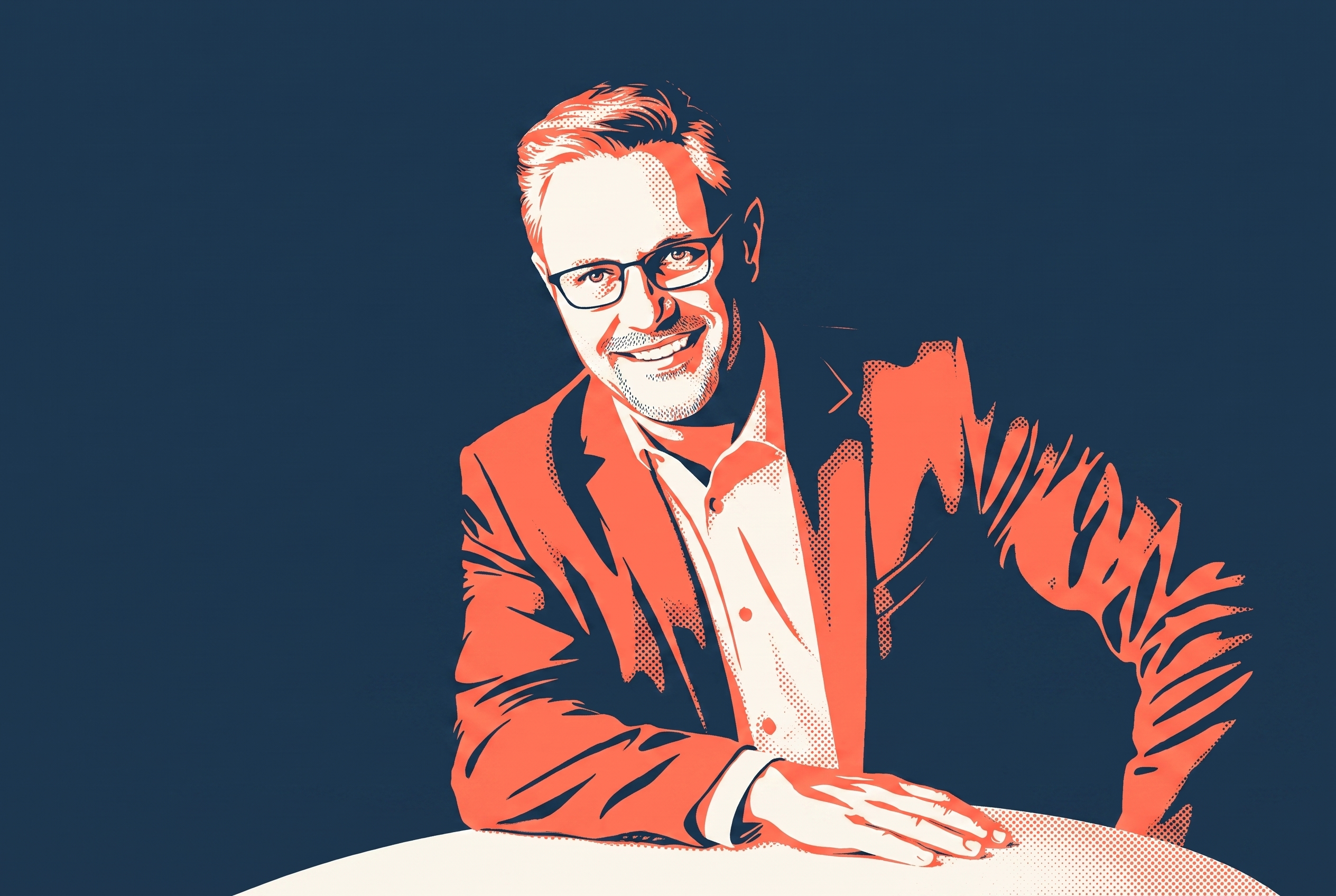 Two-tone screenprint of Dr. Rod Berger seated at a working table